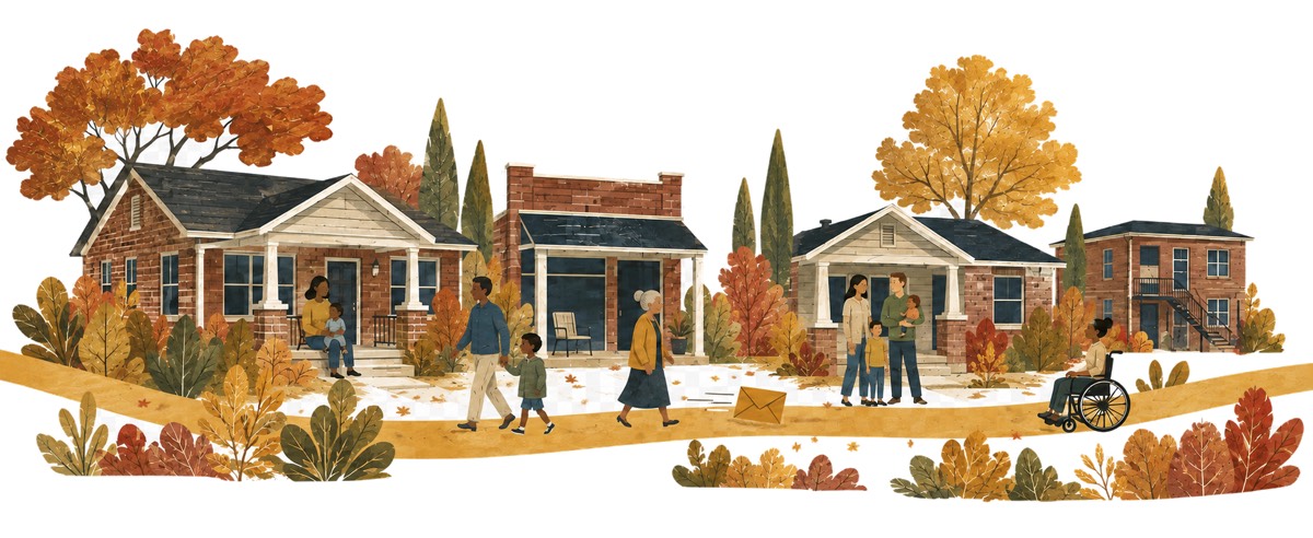 Illustration of the village in autumn: homes, a gazebo, shops, and neighbors walking the path.